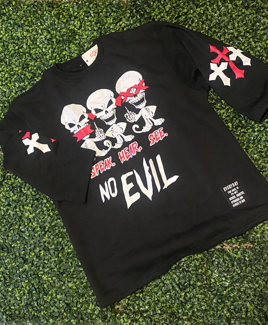 Red and black No evil 3/4 sleeve cropped crewneck